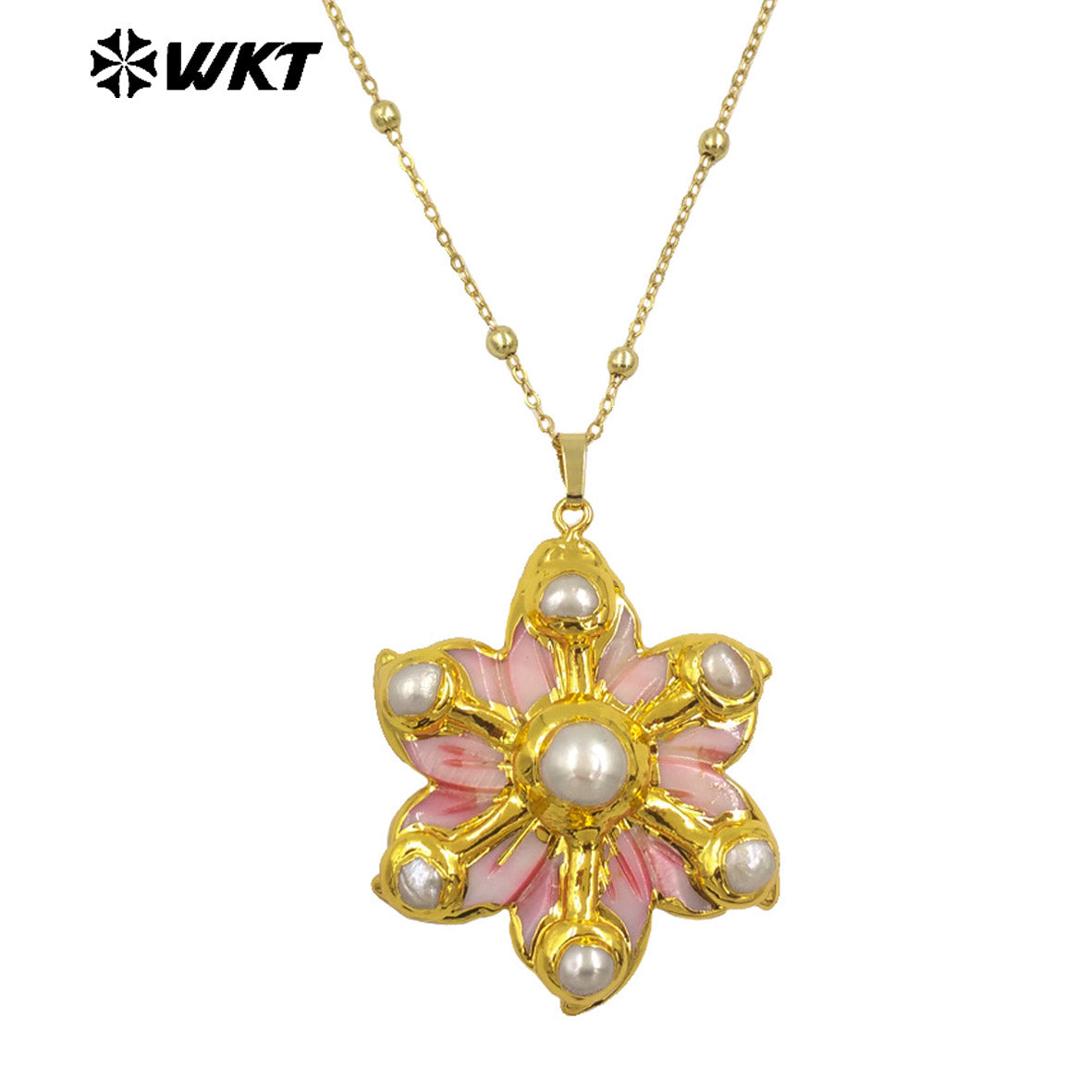 WT-JN294 the New Romantic 18K Gold Plated Natural Shell Six Pearl Flower Shaped Necklace for Lovely Woman As Birthday Gift