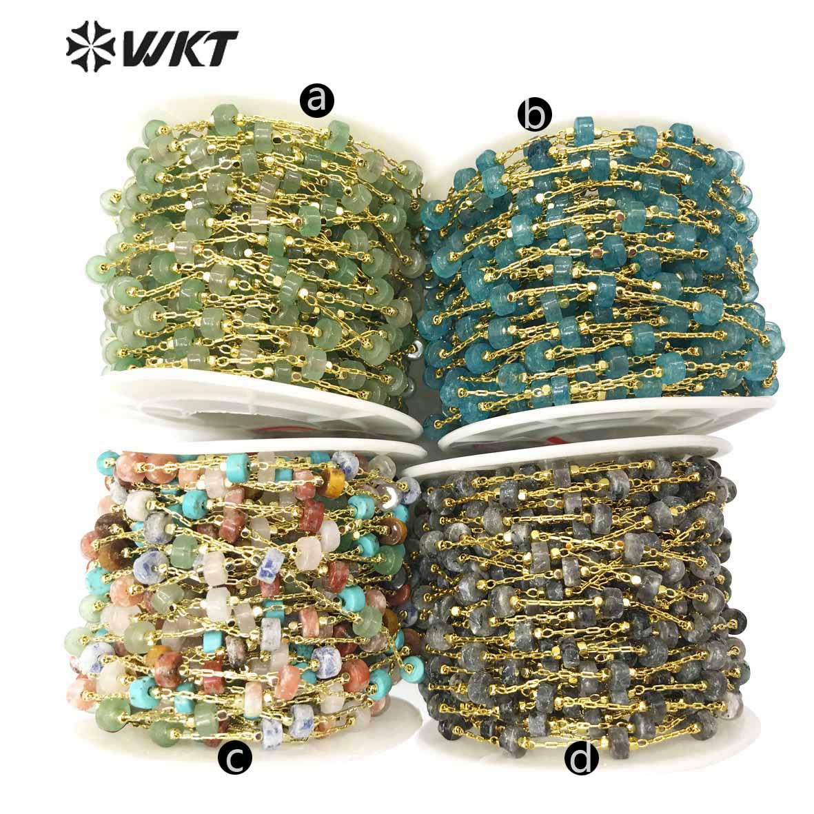 WT-RBC133 Stylish Accessory Stone Beads Chain 6mm Natural Stone Beads Rosary Necklace Chain Gold Plated Jewelry Beads Chain