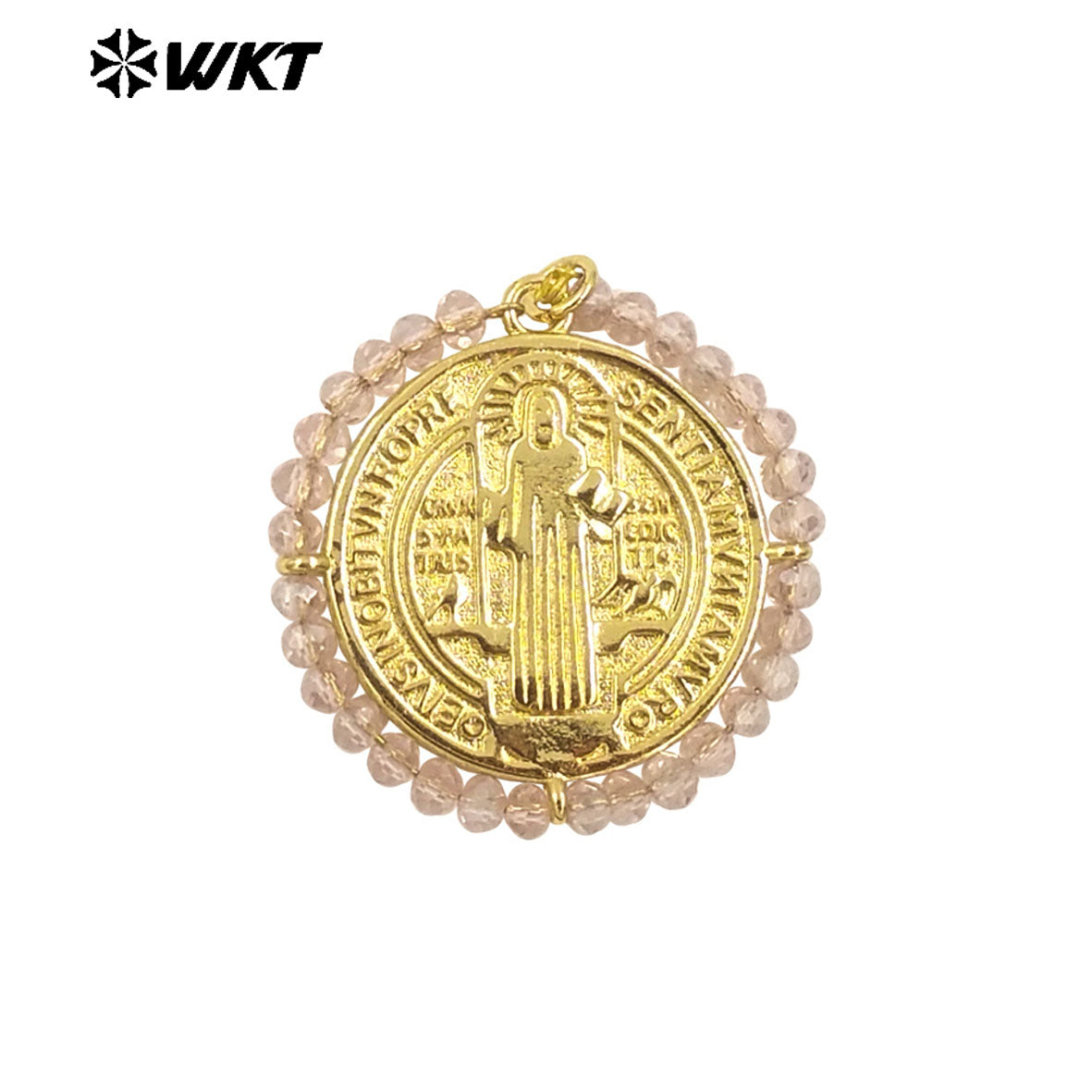WT-MN991 Fashion Popular Women Wire Wrapped Brass 18K Gold St Benedict Medal Necklace With Crystal Decorate Religious Jewelry