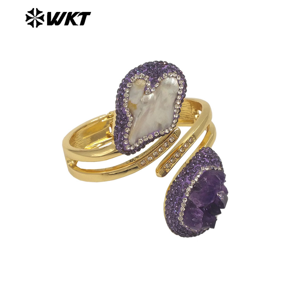 MPB126 Newest Unique Design 18K Gold Plated Natural Amethyst Stone and Pearl Bangle in Adjustable Size for Women Jewelry