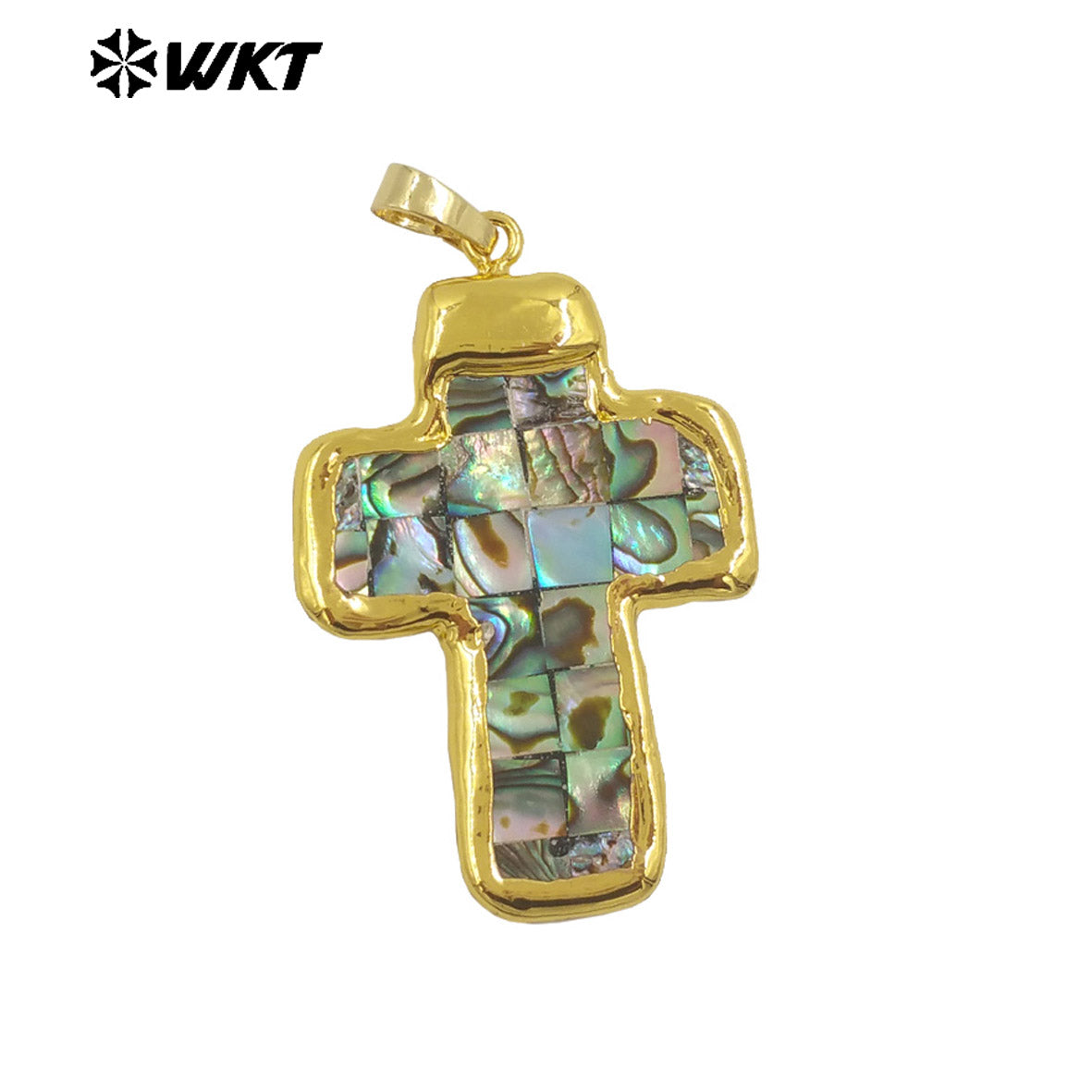 WT-JP407 Wholesale Newest Exquisite Pendant With Natural Abalone and White Shell Gold Edged Block Stitching Cross Shape DIY