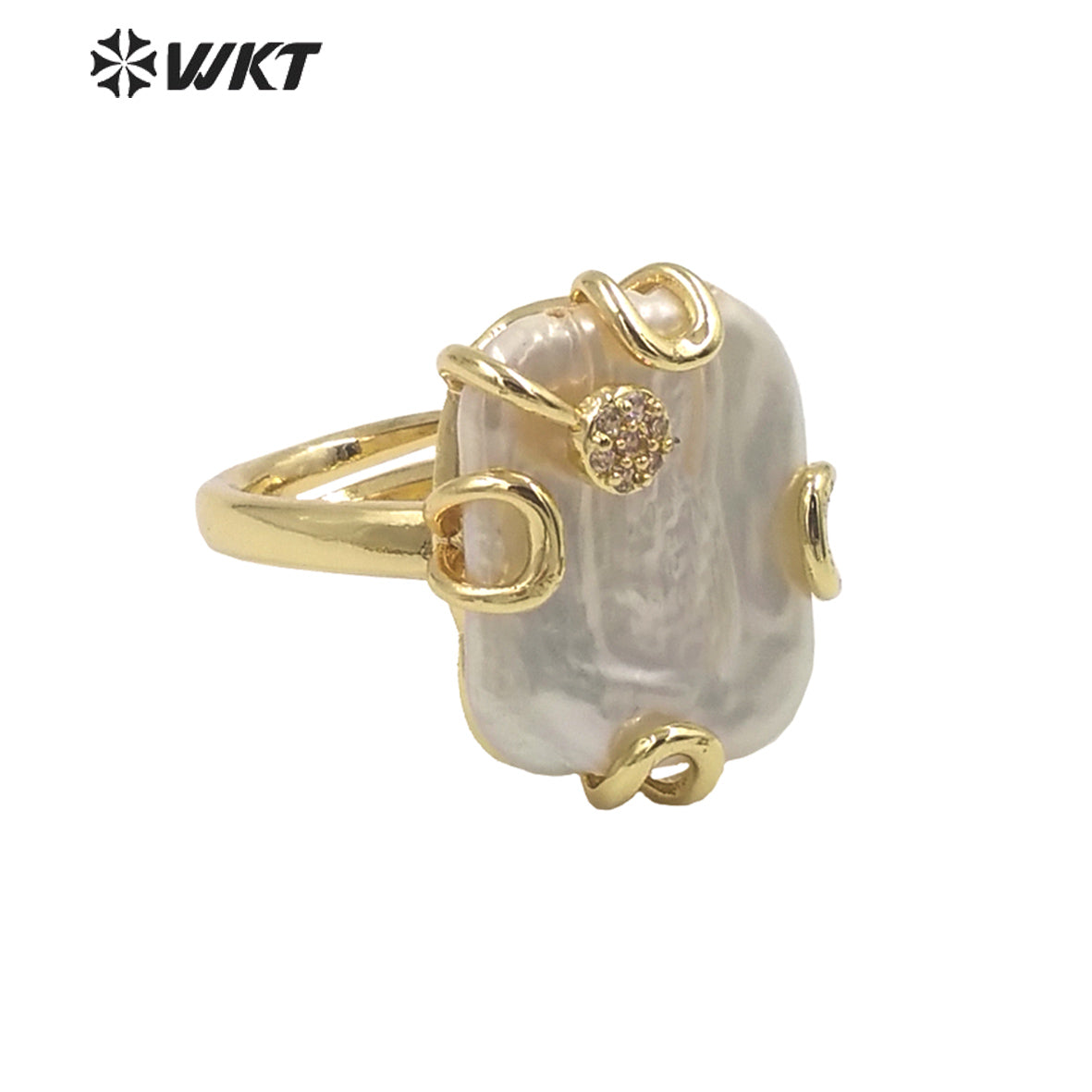 WT-MPR070 Gorgeous Trendy Fashion Natural Freshwater Pearl and Zircon Ring18k Gold Plating for Women Lucky Unique Design Ring