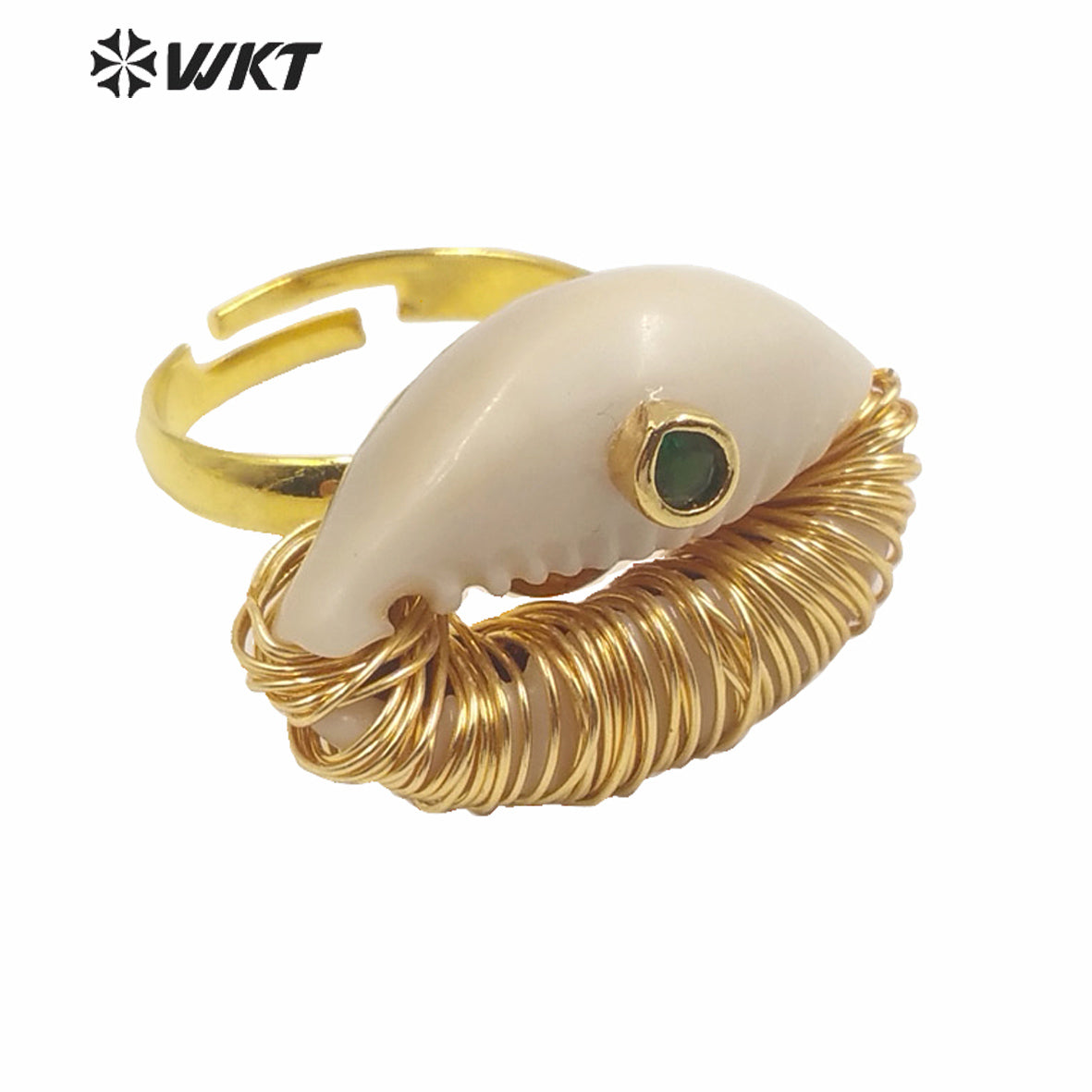 WT-MPR003 New Summer Hot Wire Brass Handmade Wrapped Natural Sea Cowrie Ring With Cz Charm Fashion Gold Summer Conch Rings