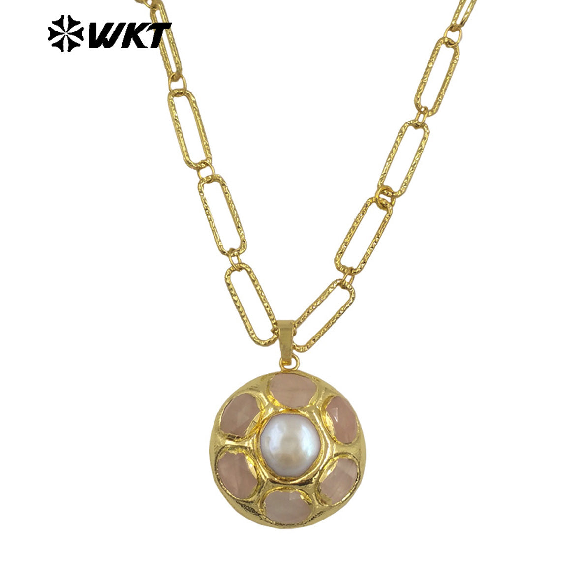 WT-N1493 Amazing Big 18k Real Gold Plated Link Chain Necklace With Round Natural Gemstone and Pearl Assemble Pendants Necklace