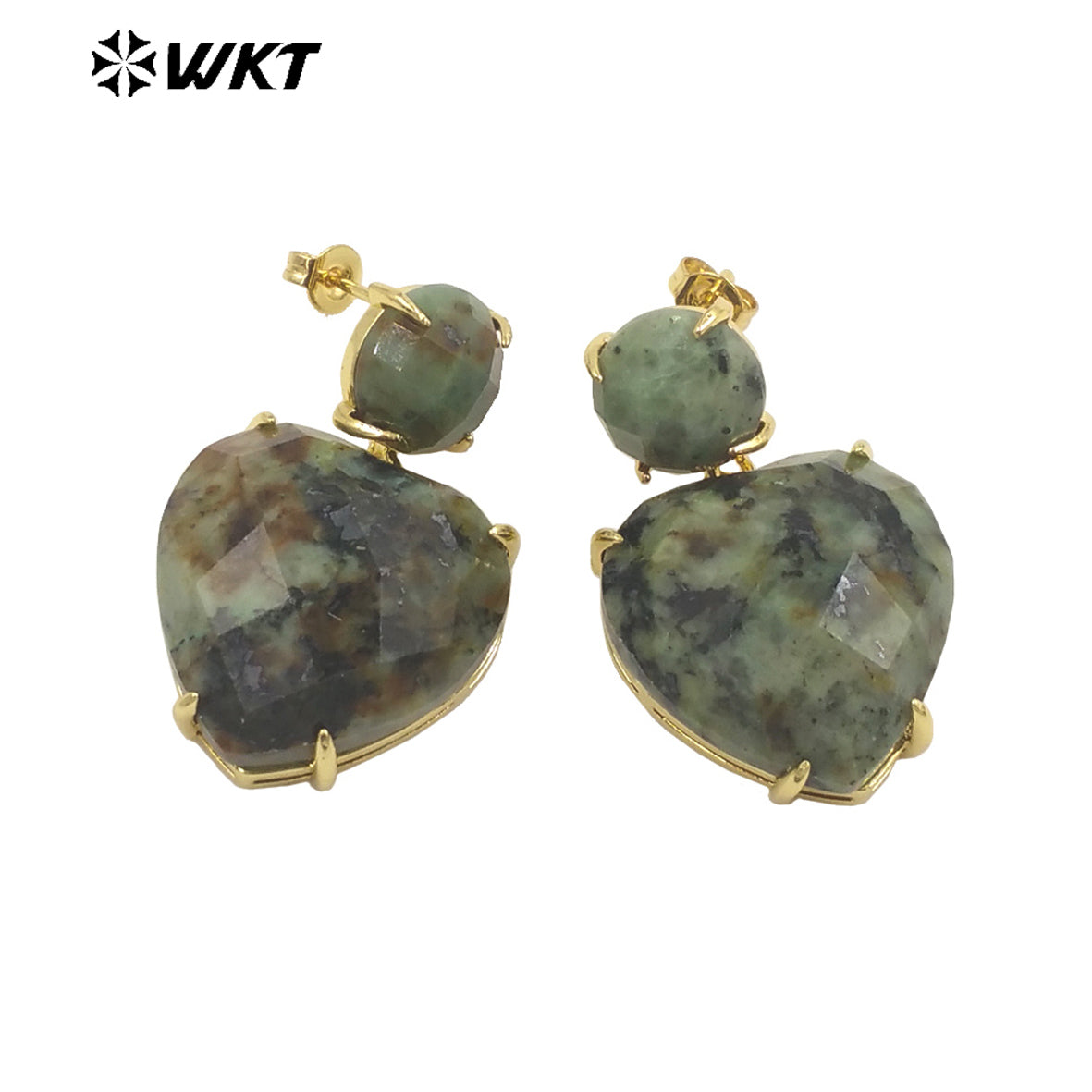 WT-E719 First Choice Hot Natural Gemstone Carved Heart Earrings for Lovers 18k Gold Plated Lapis Amethyst Stone Anniversary Stud