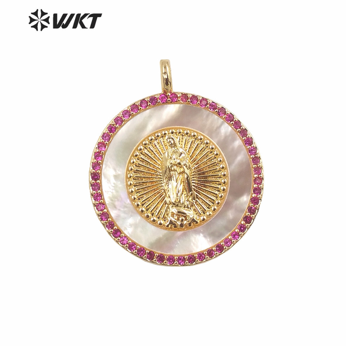 WT-MP271 Newest Vintage Style Ball Shaped Natural Shell Shell&Cubic Zircon Madonna Design Pendant