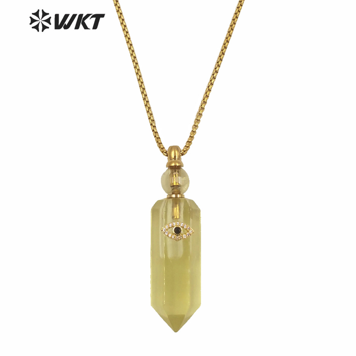 WT-N1248 New Design Hot Sales Hexagon Cube Shape Spirit Quartz Gemstone Perfume Bottle Necklace with Eye Charm for Women