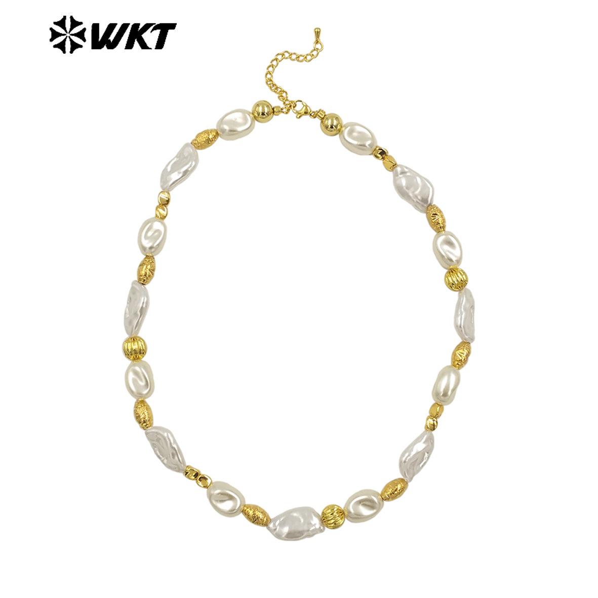WT-JN293 Wholesale Hot Sale 16 Inch Flat and Round Artificial Pearl Gold and Silver Necklace Temperament Jewelry for Party Dress