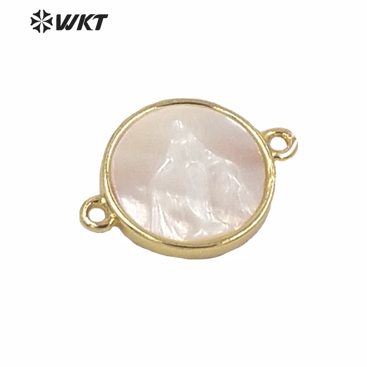WT-MP170 Religious Design Gold Guadalupe Pendant Gold Metal Bezel Setting White Pearl Shell Connectors Tiny Charm Jesus Pendant