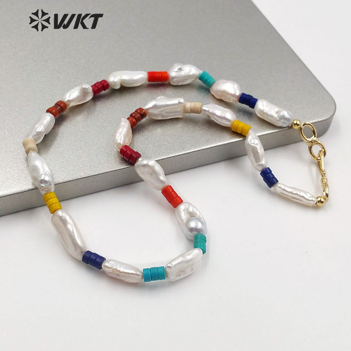 WT-JN113 Exclusive Design Baroque Pearl and Turquoise Beads Necklace 16" Baroque Pearl Beads Necklace Turquoise Beads Necklace