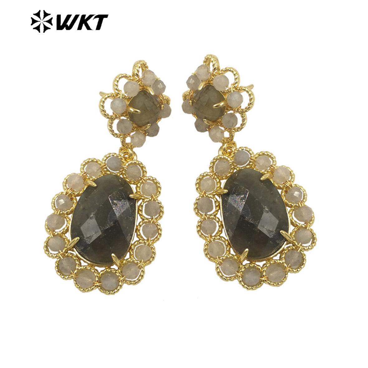 WT-E724 WKT Precious Natural Gemstone Carved with Wire Wrapped Tiny Stone Beads Made Earrings Charming Gorgeous Lapis Earrings