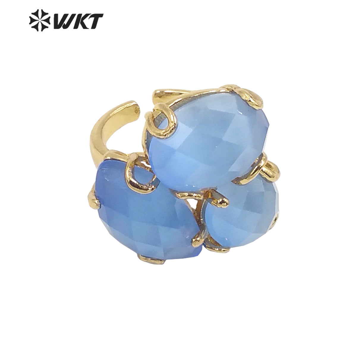 WT-R420 Europe Court style colorful Cat Eye stone Ring 18k real gold plated triple stone Flower Ring with Prong setting