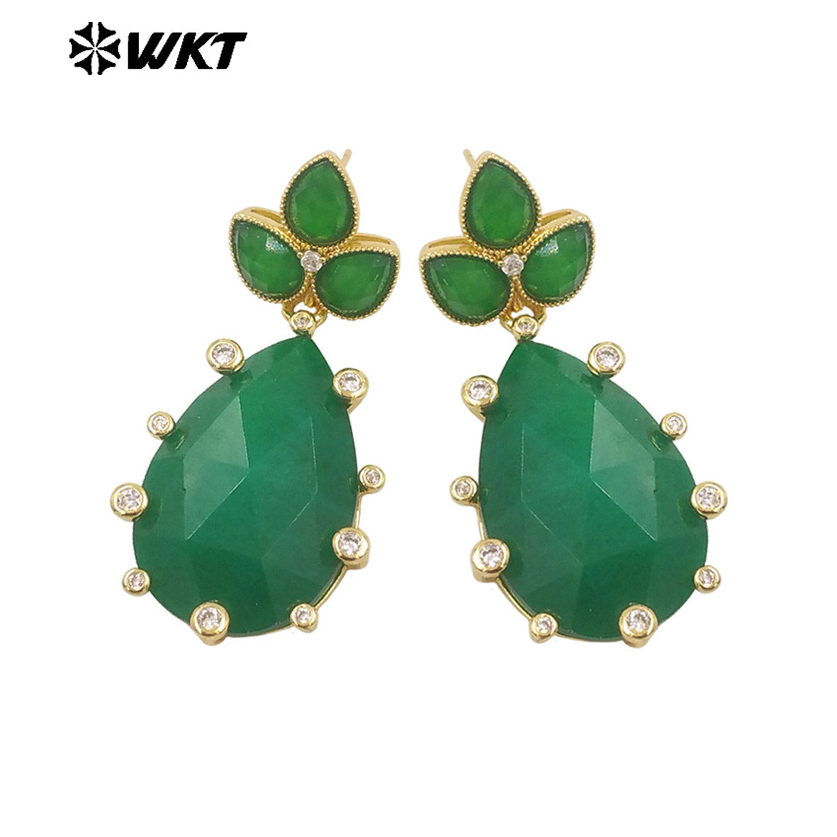 WT-E756 Gorgeous Precious Natural Amazonite Amethyst Gemstone Carved Long Teardrop Earrings With Zircon Around Trend Style