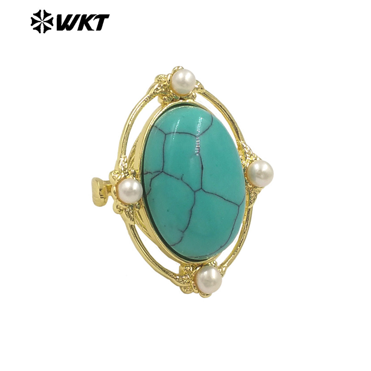 WT-R541 Wholesale Fashion Gold Plated Retro Natural Gemstone Lapis Amethyst Oval Stone With Pearl Beads Adjustable Women Ring