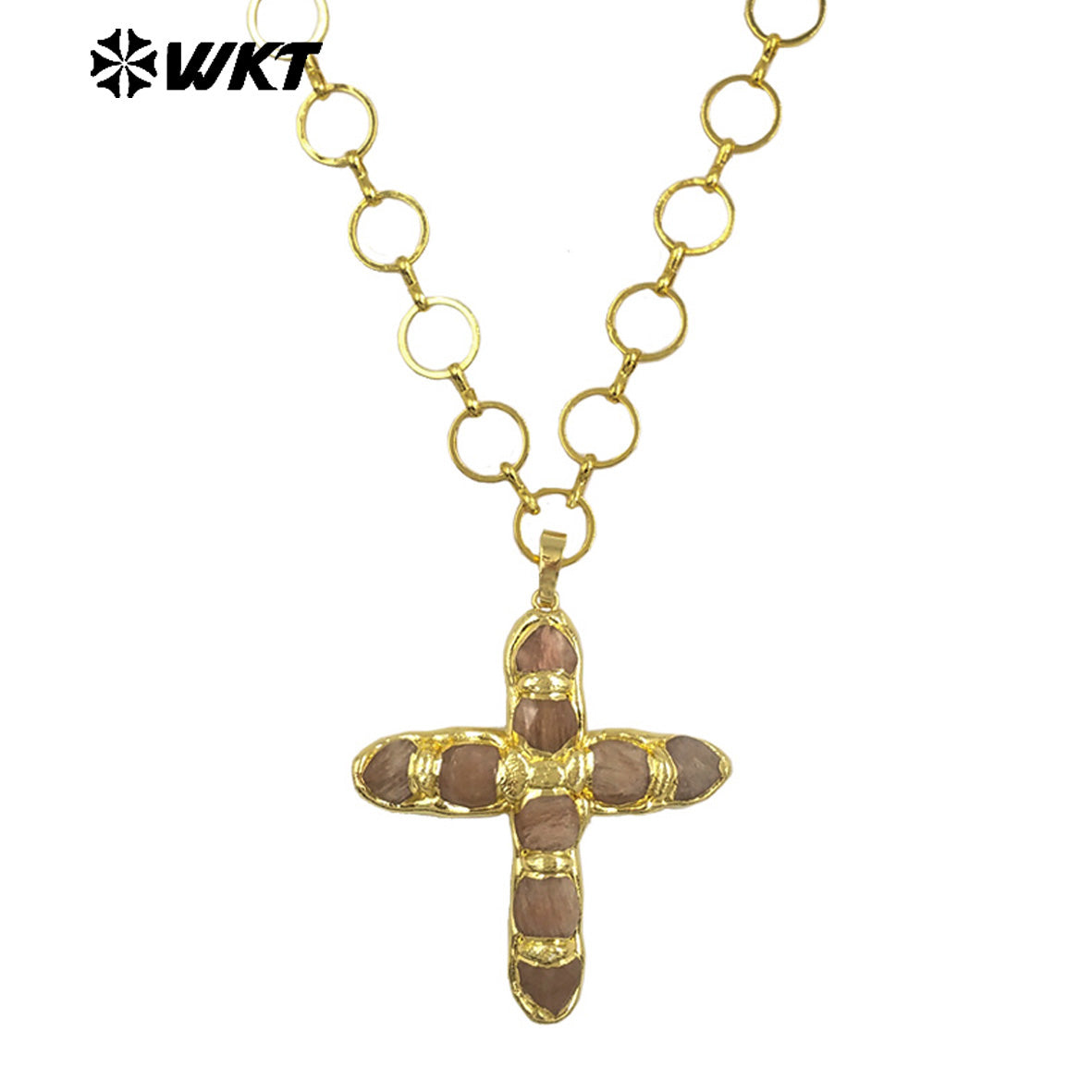 WT-N1491 Amazing High Quality Natural Gemstone Christian Necklace Cross Shape Gold Plated Circle Chain in Multi Colors