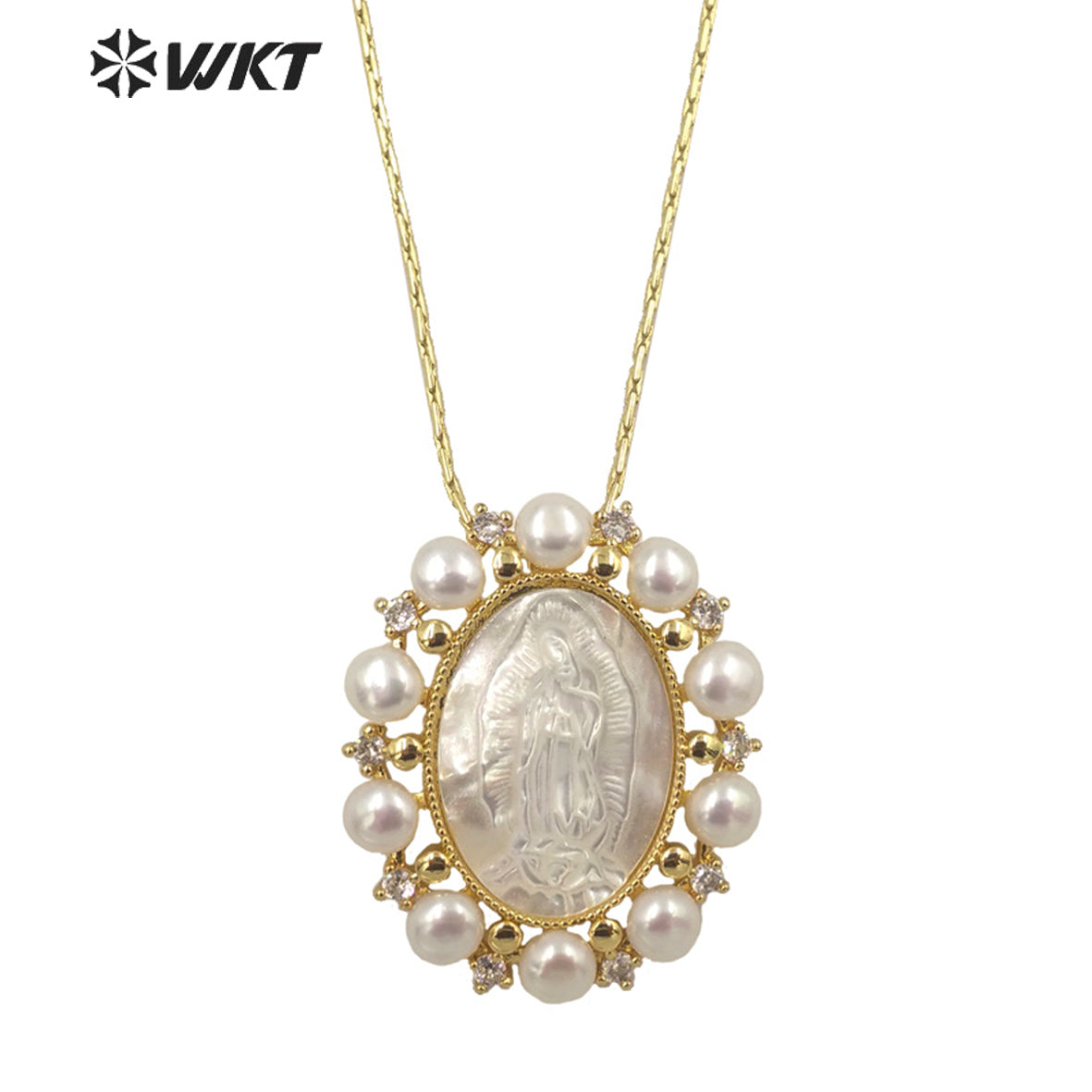 WT-JN164 WKT Wholesale Beautiful White Shell&pearl Nice Wedding Jewelry Necklace for Women Fashion Religious Mary Necklace