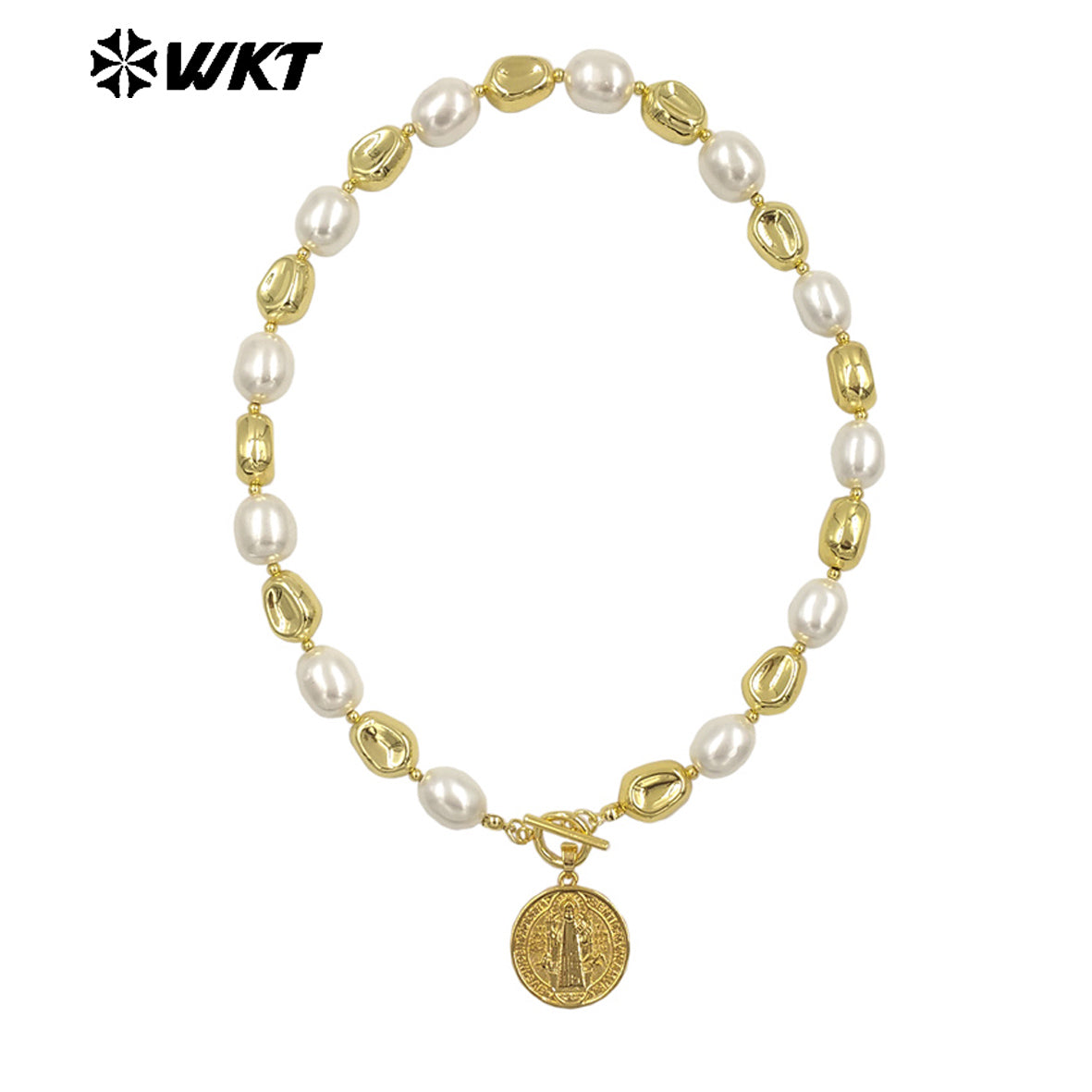 WT-JN303 Customize 18K Gold Plated and Silver Round Flat Pearl Beads Religious Shell Necklace Fashion Special Jewelry for Ladies
