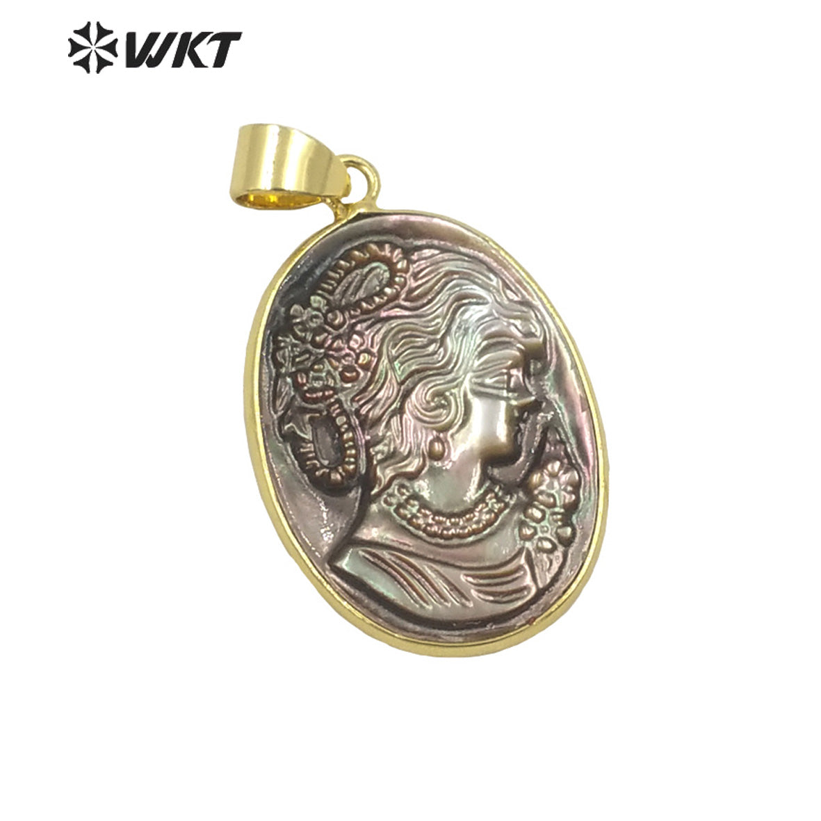 WT-JP267 Super Beauty Design with Gold Bezel Women Natural Shell Made Hand Carved the Beauty Women Photo Pendant for Necklace