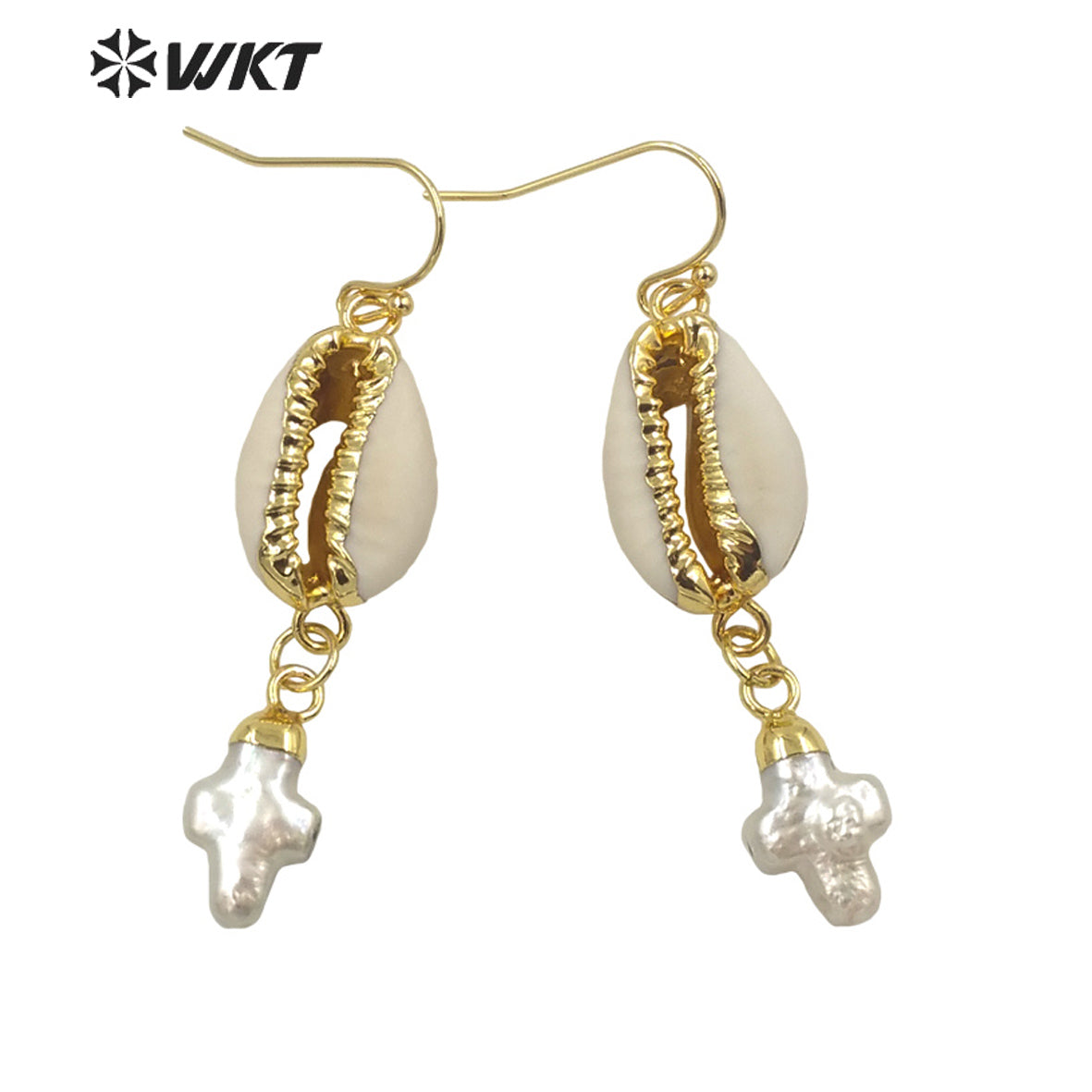 WT-MPE058 Gorgeous 18k Gold Electroplated Resist Tarnishable Natural Cowrie Shell with Pearl Charm Earrings Lady Shell Earrings