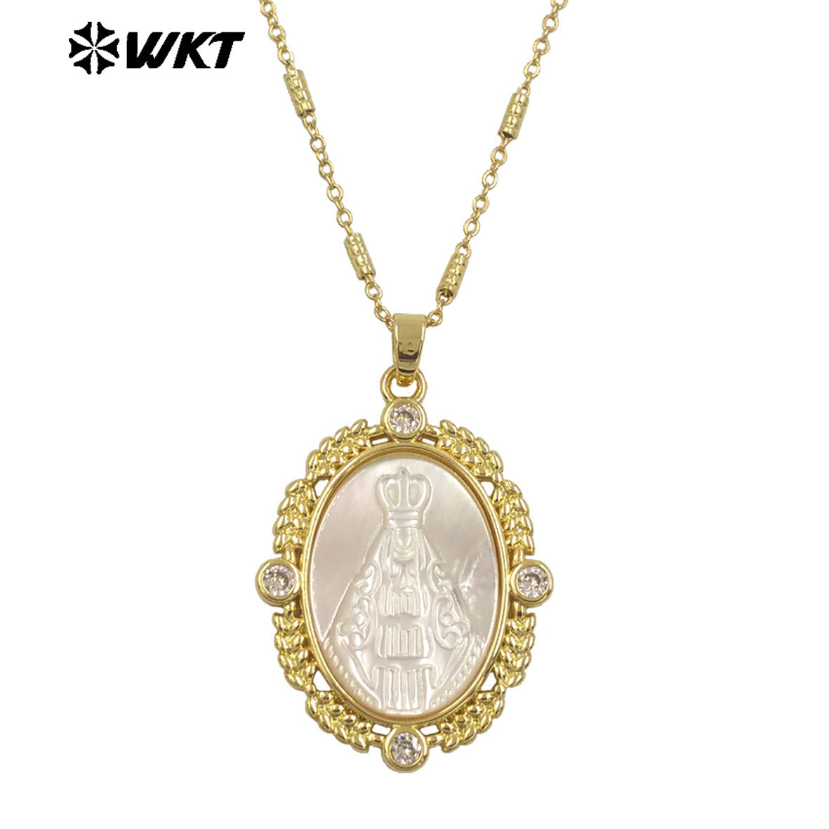 WT-JN274 Gorgeous New Design Elegant 18K Gold Bezel Setting Christian Religious Guardian Angel Shell Necklace