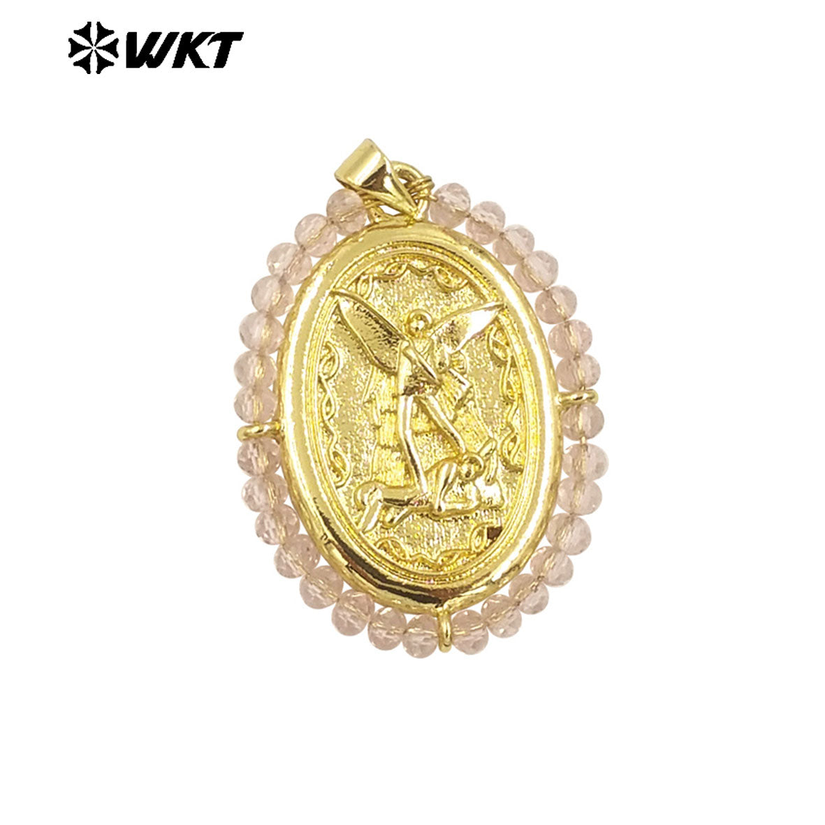 WT-MN990 Fashion Women 18K Real Gold Plated Oval Shape Crystal Wire Wrapped Guardian Angel Necklace for Christian