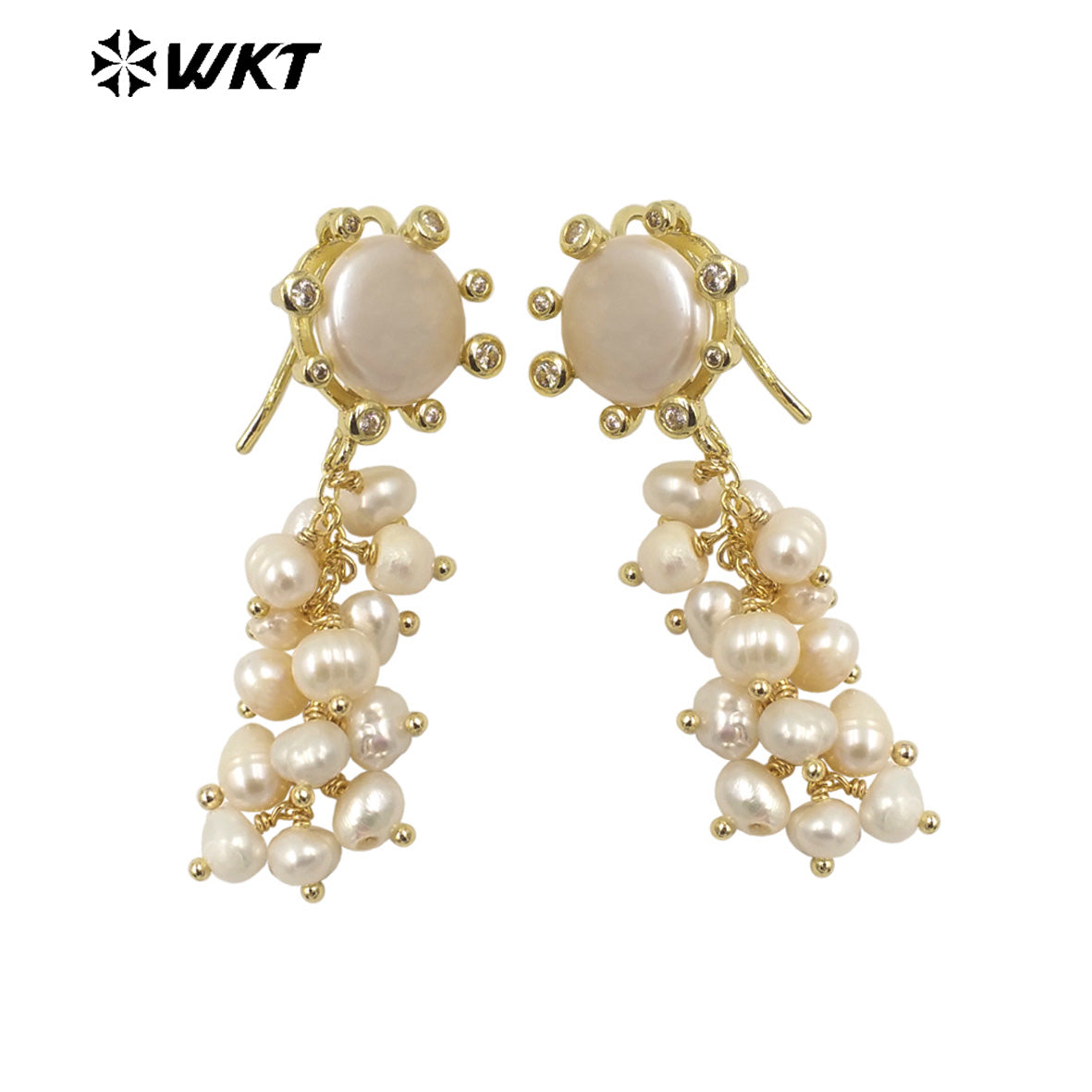 WT-MPE095 Wholesale Fashion Tiny Pearl Long Dangle Earrings Gorgeous Handmade Claw Setting Zircon Pearl Studs for Wedding