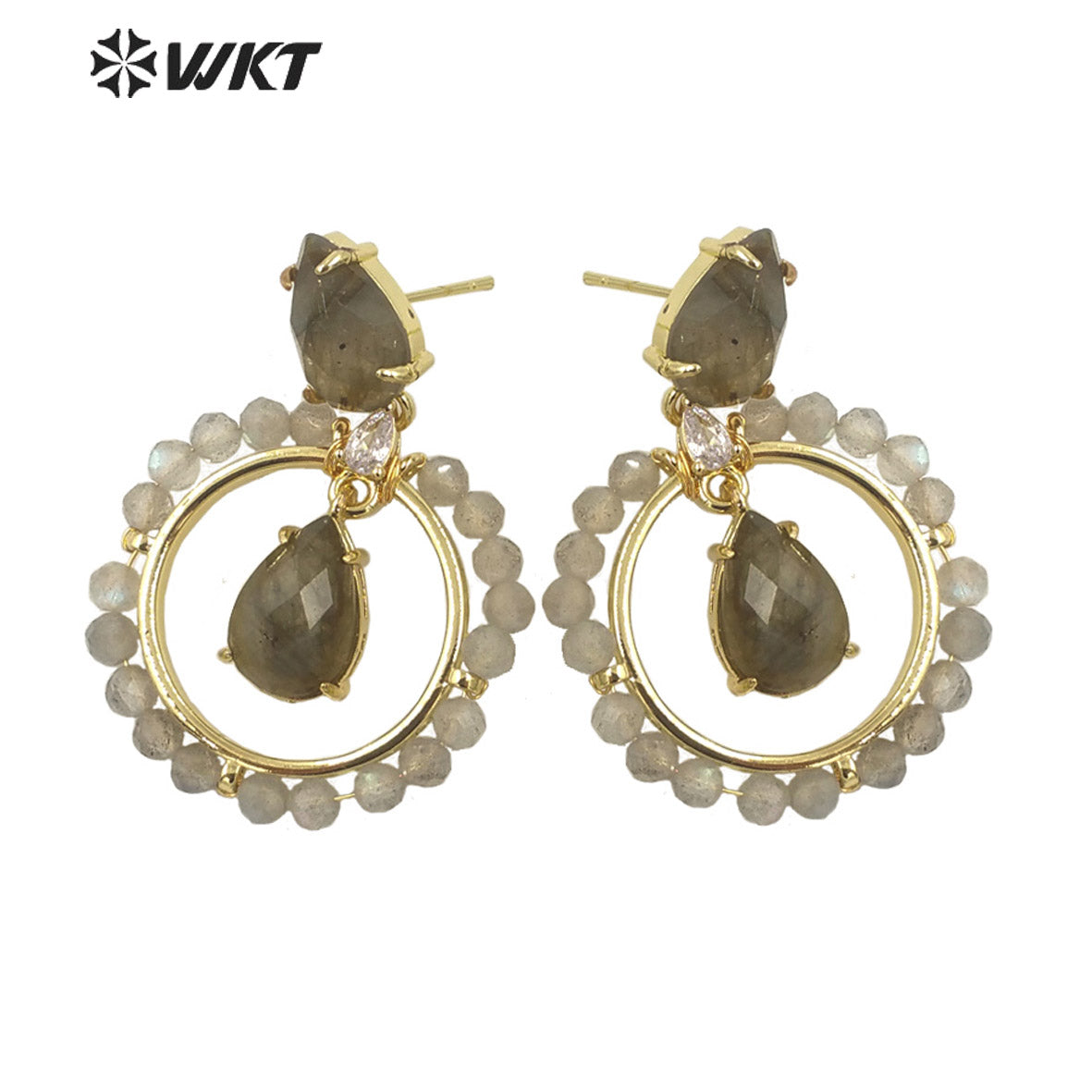 WT-E714 WKT Newest Summer Design Gorgeous Multi Natural Gemstone Big Hoop Earrings Gold Plated Lead Free Amazonite Stone Studs