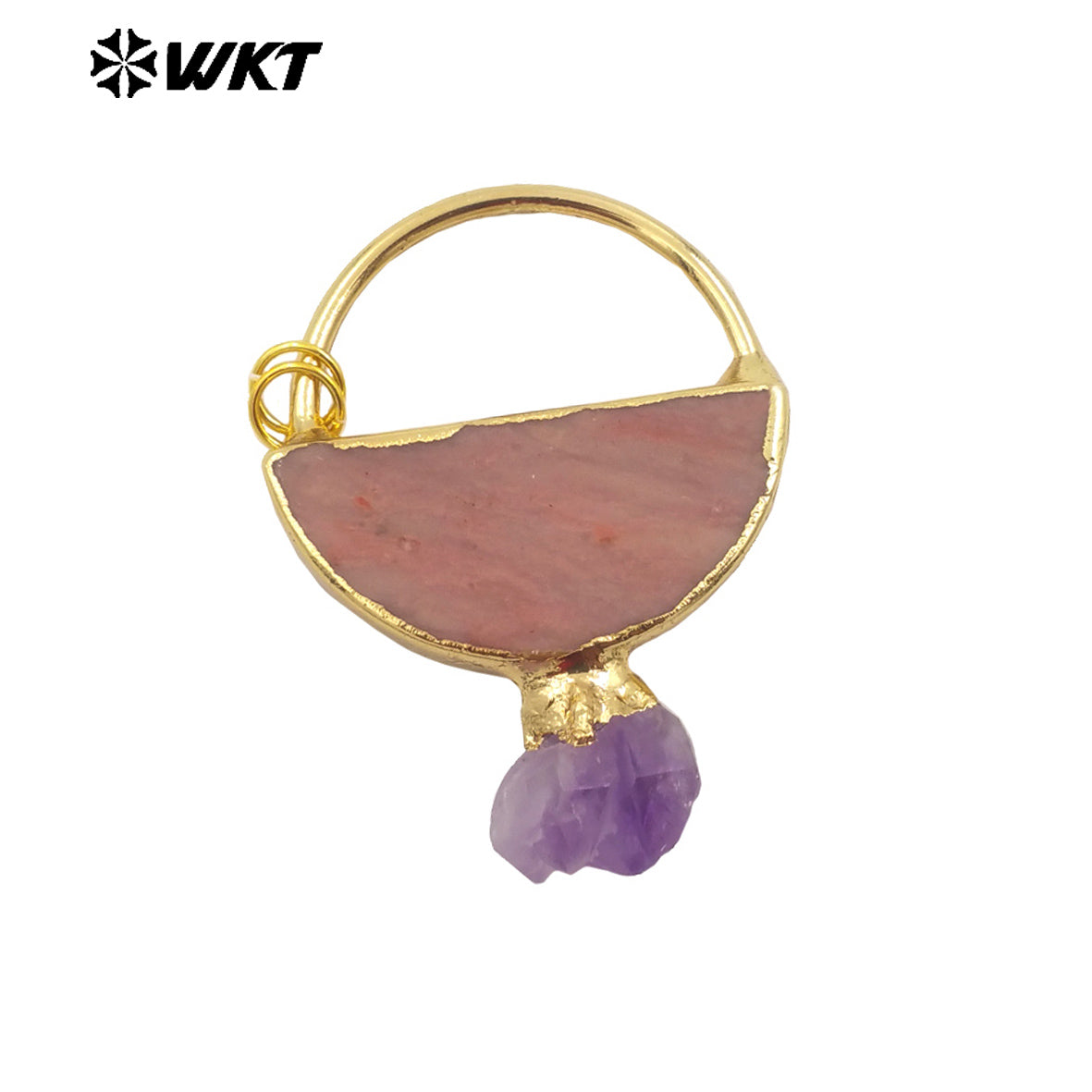 WT-P1969 WKT Unique Design Natural Stone Carved Half Circle Slice Rhodonite With Amethyst Quartz Pendant