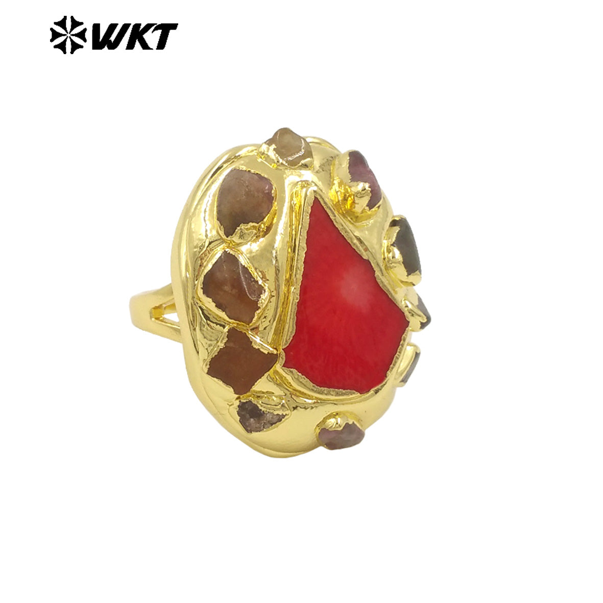 WT-MPR114 Popular 18K Gold Plated Triangle Red Coral and Tourmaline Adjustable Unisex Ring for Friends As Birthday Present