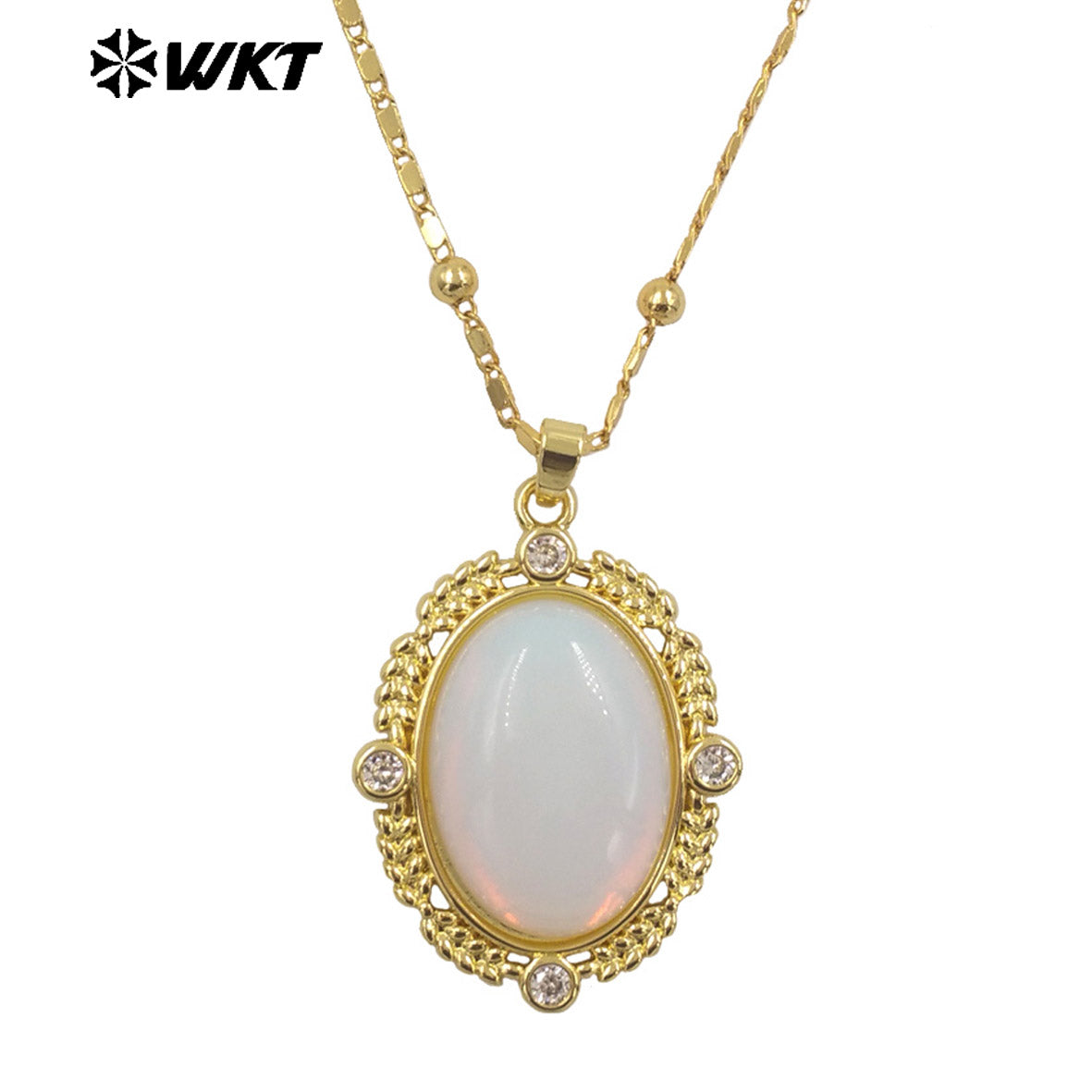 WT-N1474 Amazing 18K Real Gold Plated Resist Tarnishable Natural Gemstone Bezel Setting Oval Shape With Zircon Stone Necklace