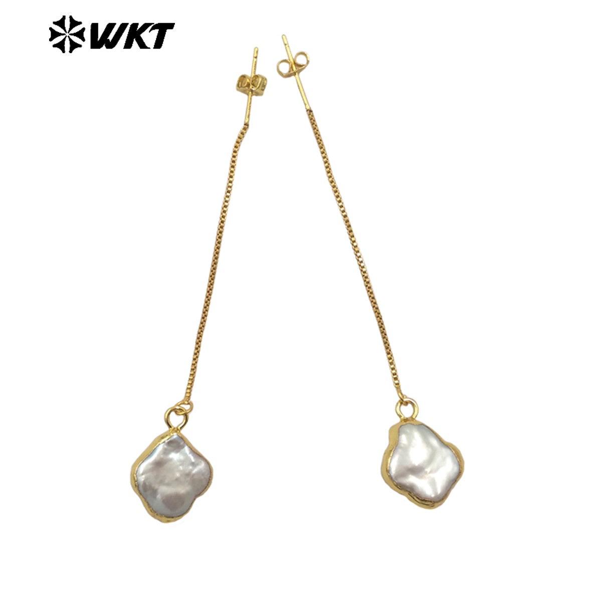 WT-MPE153 High Quality Natural Freshwater Pearl Long Earrings Gold Plated Double Design for Elegant Ladies Tiny Charm Jewelry