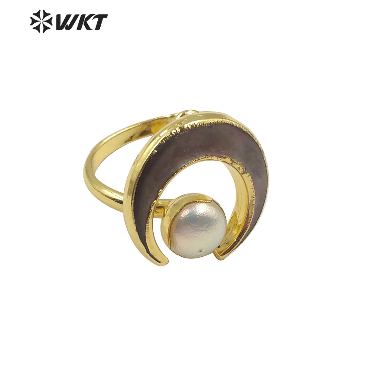 WT-R344 Unique Special Design Bohemian Crescent Shell Pearl Ring in 18k Gold Plated Women Fashion Pearl Ring