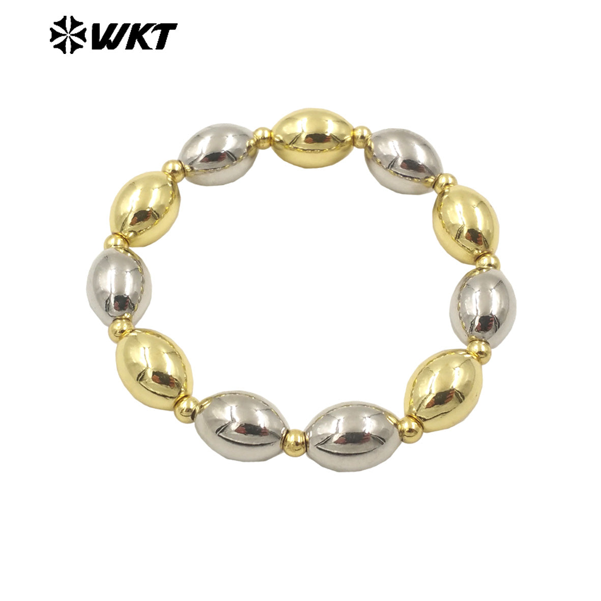 WT-JF348 Wholesale 18k Real Gold Plated Unique Steel and Gold Mixsure Bullet Brass Beads Stretch Bracelets