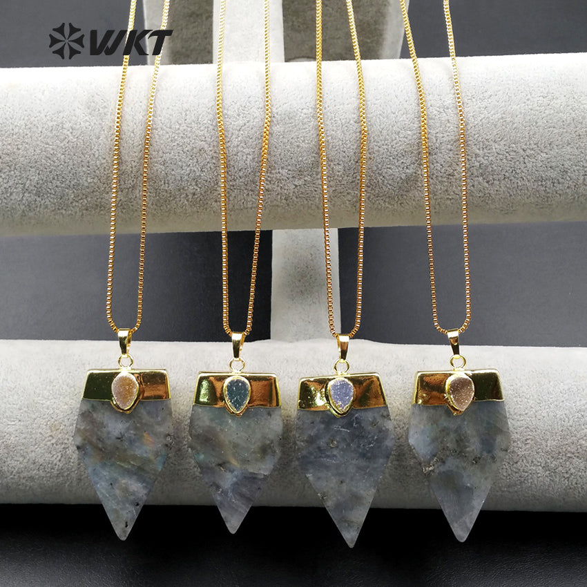 WT-N970 Wholesale New Arrival Natural Gray Labradorite Irregular Blade Shape Gemstone Necklace With Agate Bead for Woman Making