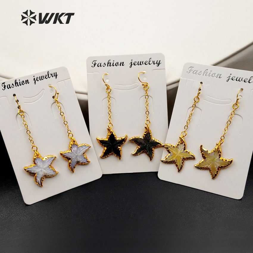 WT-E347 Wholesale New Arrival Fashion Hand Carved Sea Shell Star Earrings Women Gold Trim Dangle Charm Pendant Earrings