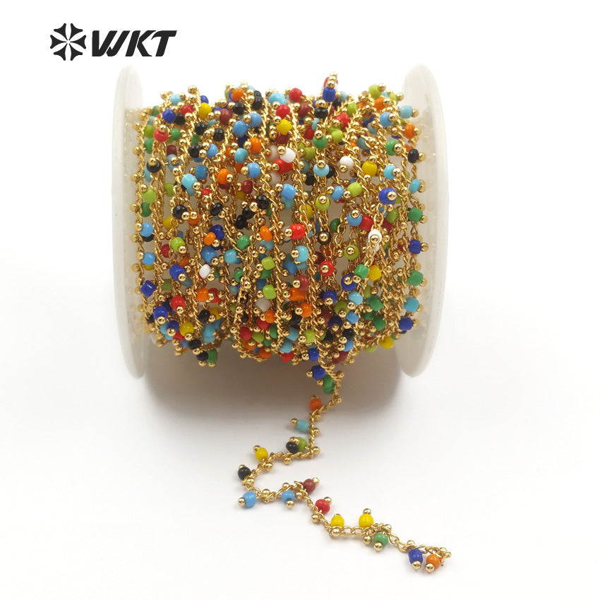 WT-RBC059 for Women Stylish Jewelry Multi Colors Random Bead in Gold or Silver Electroplated Wire Wrapped Tiny Bead Rosary Chain