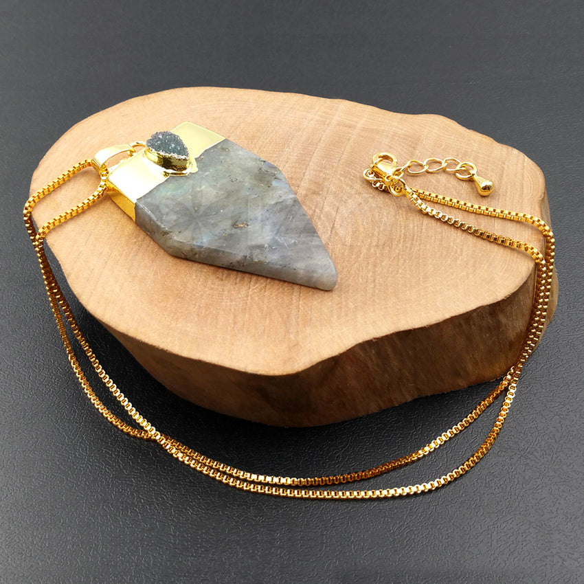 WT-N970 Wholesale New Arrival Natural Gray Labradorite Irregular Blade Shape Gemstone Necklace With Agate Bead for Woman Making