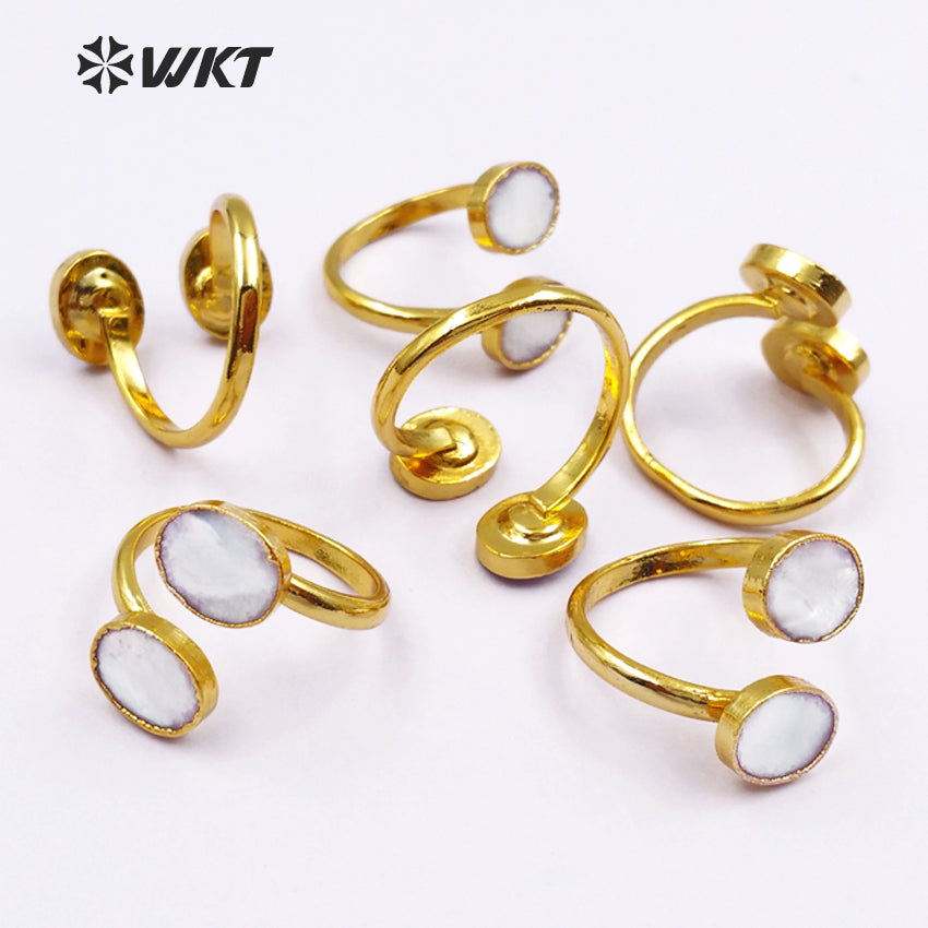 WT-R299 Exclusive Design Natural White Oval Shape Shell Rings, 18k Gold Electroplated Adjustable Double Shell Rings
