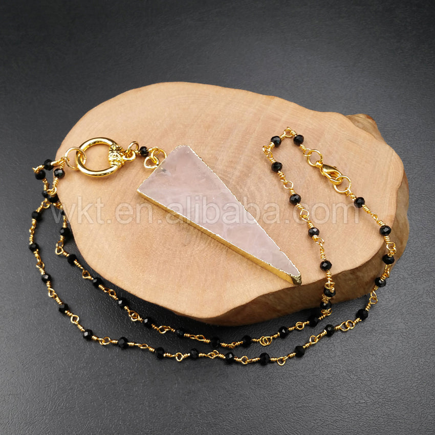 WT-N957 WKT Wholesale Hot Sale Natural Triangle Pink Quartz Necklace High Quality Crystal With Black Beads Chain for Gift