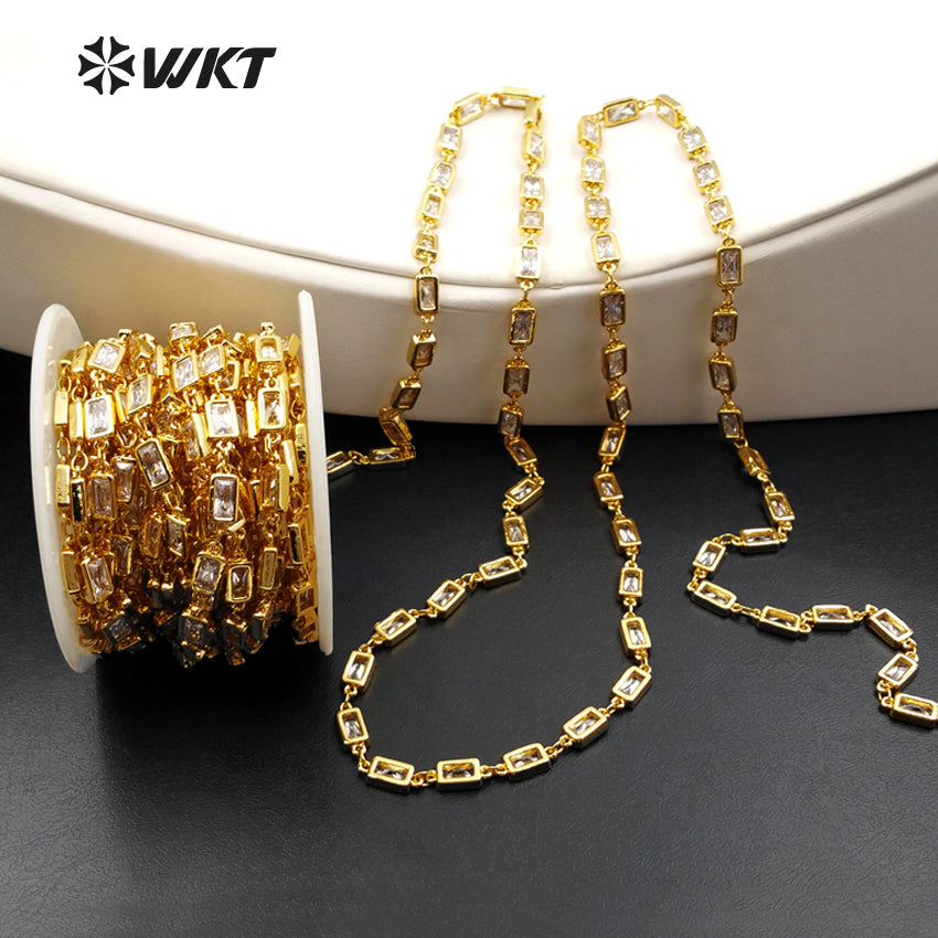 WT-BC088 Wholesale Hot Sale 24K Real Gold Plated Brass Chain With Shinning Generous Rectangular CZ for Necklace Bracelet