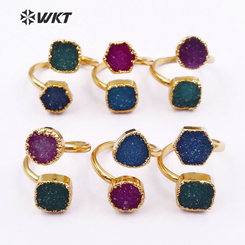 WT-R119 Adjustable Gold Stone Ring, Double Druzy Geode Ring, Druzy Jewelry Gold Plated Ring Two Stones Ring