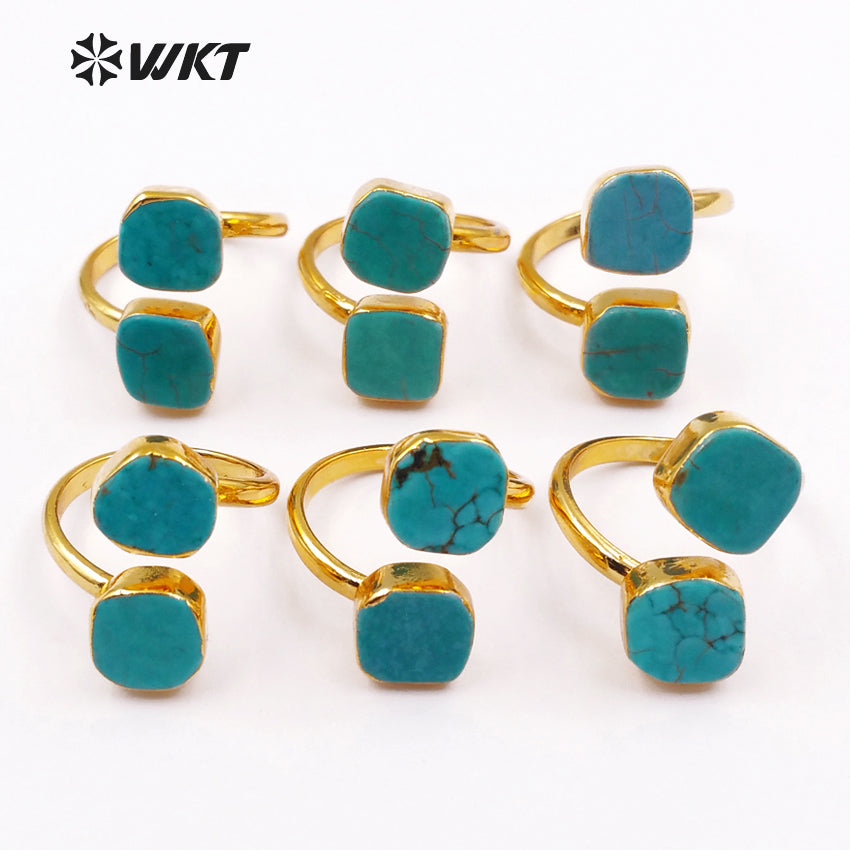 WT-R103 New! Fashion Design Double Turquoise Ring in 24k Real Gold Plated, Green Turquoise Stone Ring
