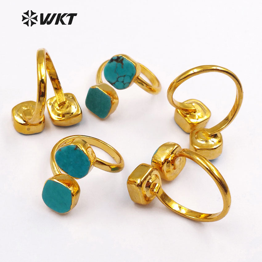 WT-R103 New! Fashion Design Double Turquoise Ring in 24k Real Gold Plated, Green Turquoise Stone Ring