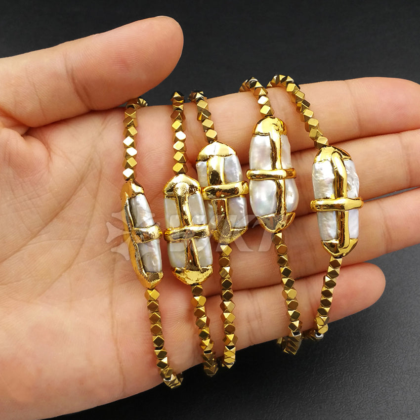 WT-B364 Wholesale Hot Sale Blingbling Hematite Beads Bracelet Natural Pearl With 24K Real Gold Cross Bracelet Generous Chic