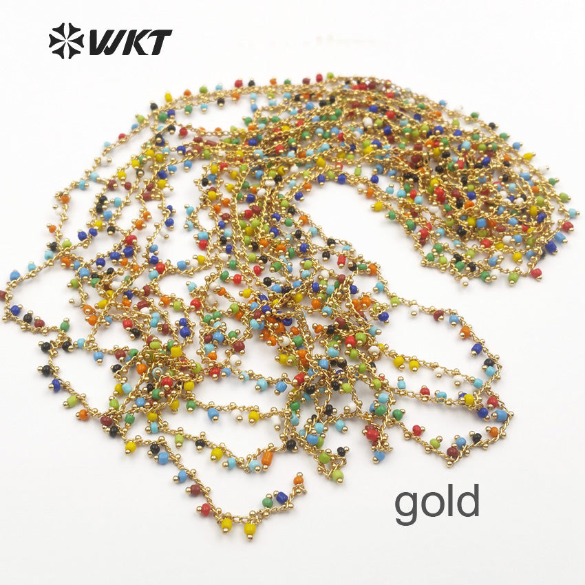 WT-RBC059 for Women Stylish Jewelry Multi Colors Random Bead in Gold or Silver Electroplated Wire Wrapped Tiny Bead Rosary Chain