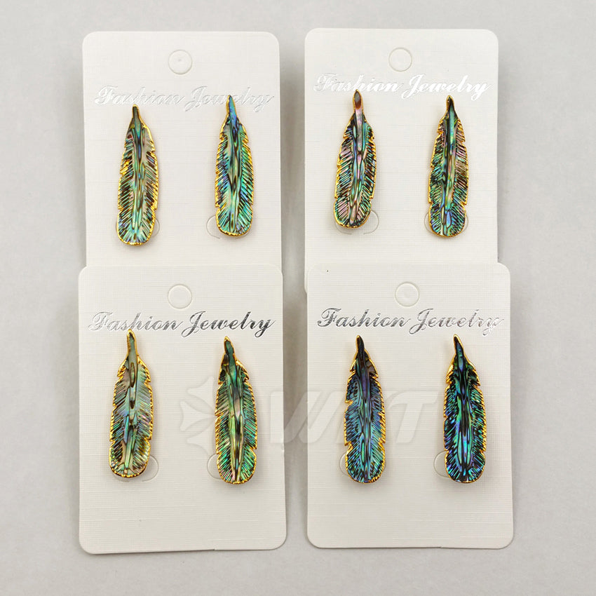 WT-E355 Amazing Hand Carved Natural Abalone Feather Studs Earrings, 24k Gold Trim Shell Feather Studs Earring