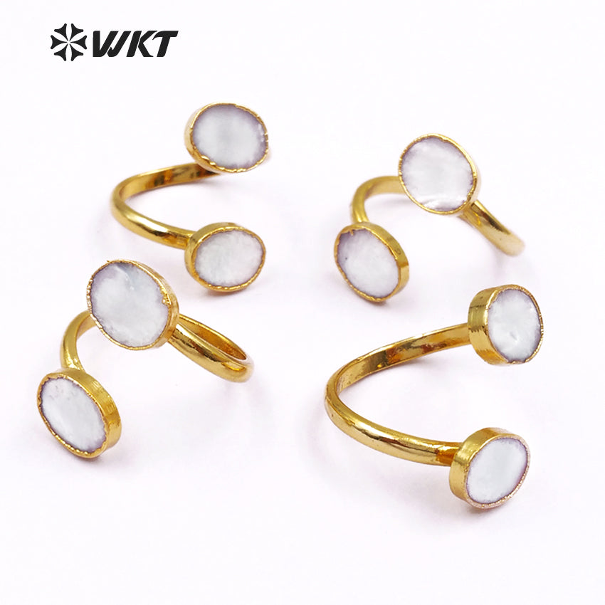 WT-R299 Exclusive Design Natural White Oval Shape Shell Rings, 18k Gold Electroplated Adjustable Double Shell Rings