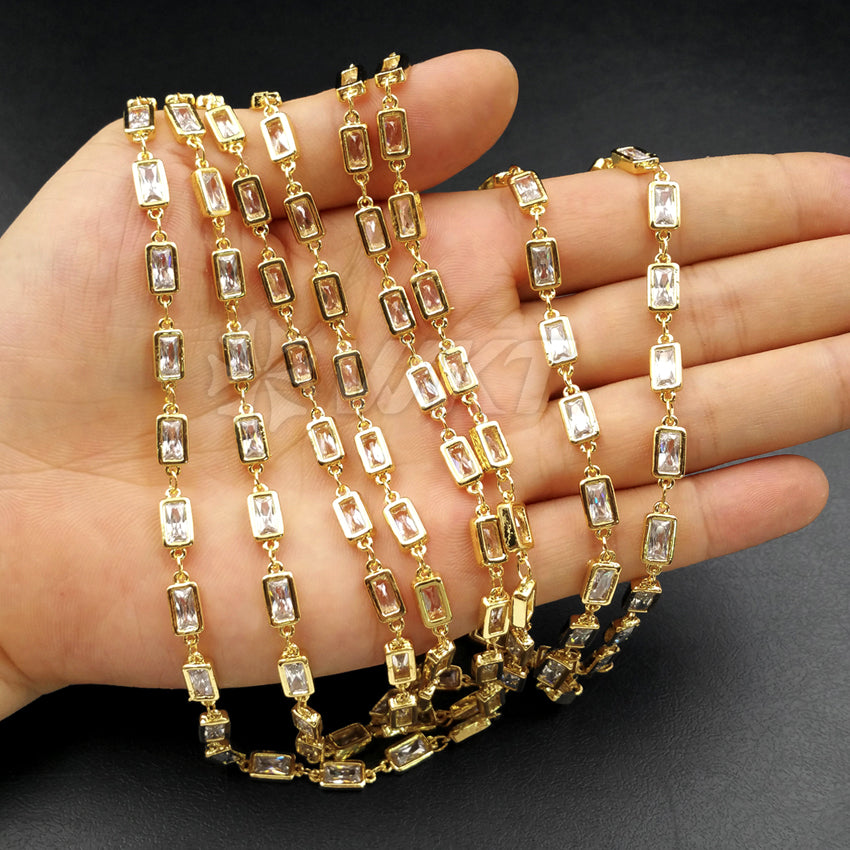 WT-BC088 Wholesale Hot Sale 24K Real Gold Plated Brass Chain With Shinning Generous Rectangular CZ for Necklace Bracelet