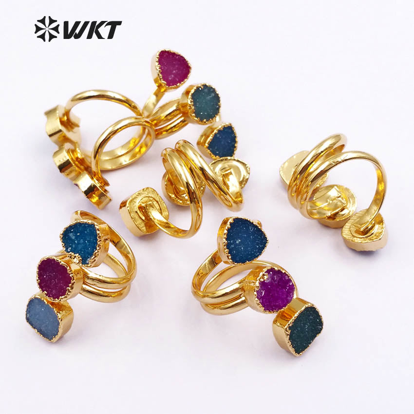 WT-R120 Wholesale Gorgeous Natural Triple Druzy Agate Ring, Geometric Shape 24k Gold Plated Triple Stone Druzy Ring