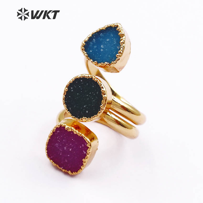 WT-R120 Wholesale Gorgeous Natural Triple Druzy Agate Ring, Geometric Shape 24k Gold Plated Triple Stone Druzy Ring